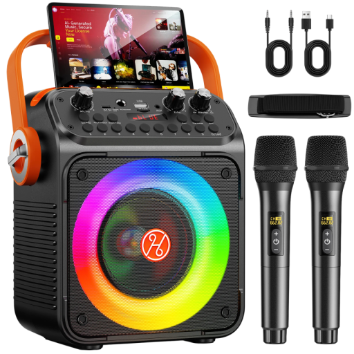 Box portabil karaoke Bluetooth cu 2 microfoane wireless lumini LED USB TF REC FM și AUX negru-portocaliu pentru adulți și petreceri
