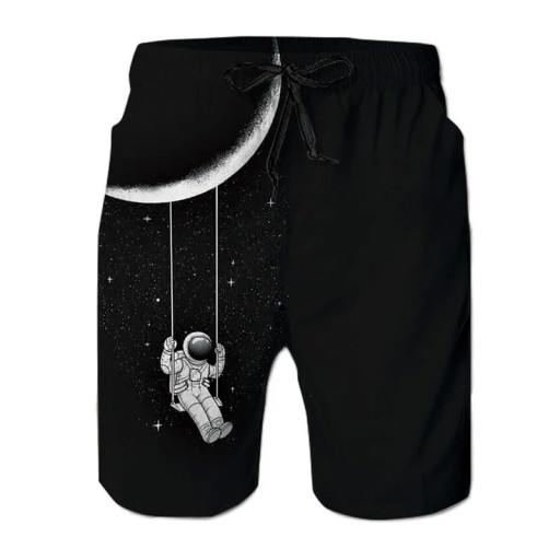 Boys' Black Swim Shorts Polyester Astronaut Print on Swing on the Moon Drawstring Summer Swimwear