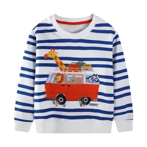 Boys' Blue and White Striped Hoodie with Car and Animal Embroidery, Round Neck and Long Sleeves for Boys
