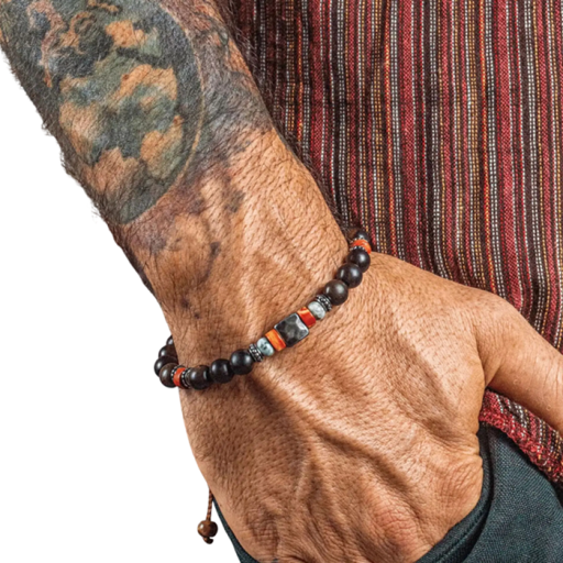 Bracciale da uomo in legno con perline perline miste diametro regolabile 17 cm nero con elementi rossi su cordino per indossare