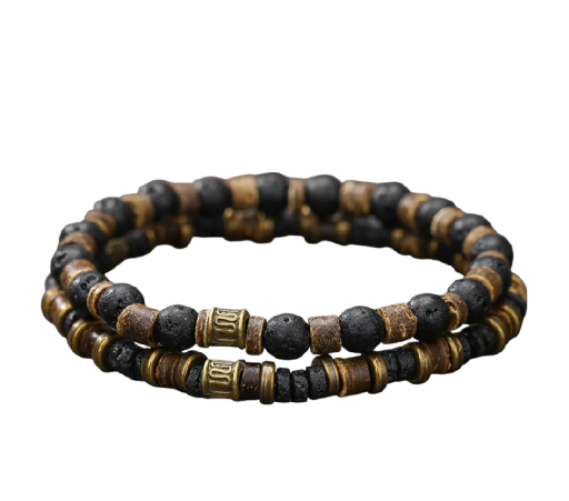 Bracelet double en bois pour homme avec perles design superposé diamètre 17 cm bois noir et marron à porter au quotidien