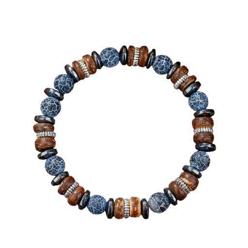 Bracelet en bois pour homme avec des perles rondes et plates, diamètre 17 cm, bois bleu marron, à porter au quotidien