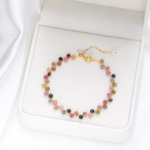 Bracelet with Stones à la Tourmaline 16 to 20 cm Beads 3 mm on Gold-Coloured Chain Adjustable Multicoloured For Women for Parties and Weddings