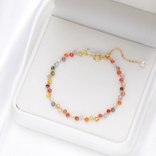 Bracelet with Zirconia Stones 16 to 20 cm Faceted Beads 3 mm on Gold-Coloured Chain Adjustable Clear For Women for Parties Weddings or Daily Wear