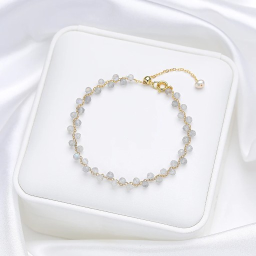 Brățară cu labradorit pentru femei, mărgele gri tăiate, lanț de culoare aurie 16 - 20 x 3 mm, piatră cu perlă decorativă, ajustabilă