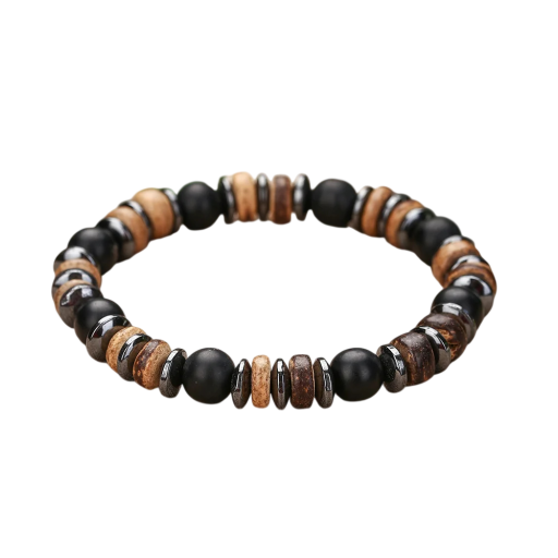 Brățară din lemn pentru bărbați cu mărgele, combinație de mărgele mate și lucioase, diametru 17 cm, lemn negru și maro, accesoriu ajustabil
