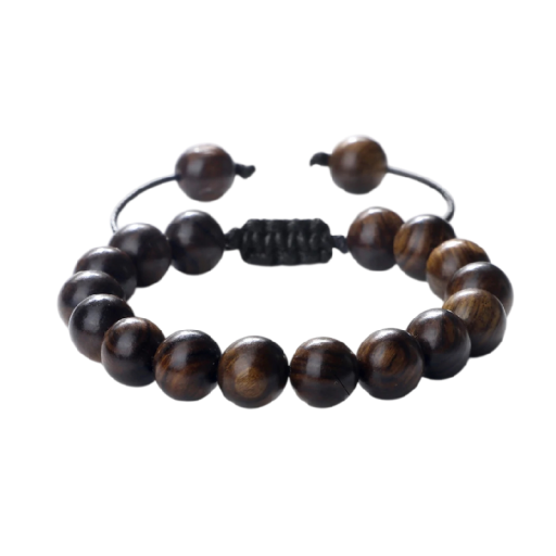 Brățară unisex din lemn cu mărgele ajustabilă mari de 10 mm, dimensiune 17–29 cm, culoare maro închis natural, pe șnur pentru purtare