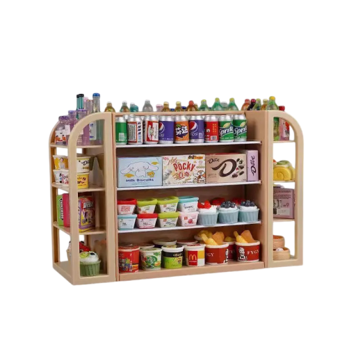 Braunes Regal mit 4 Regalen Mini-Supermarkt Kinder Verkaufsstand Simulationsspielzeug für das Spielen als Verkäufer