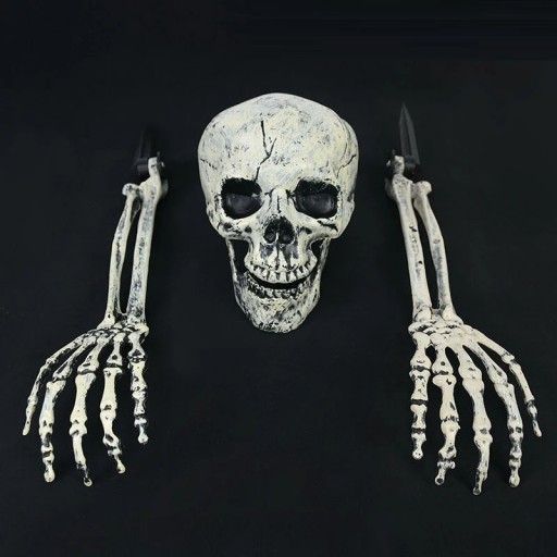 Brazos de esqueleto y calavera para Halloween al aire libre, decoración de jardín, manos de esqueleto y calavera que sobresalen del césped, 3 piezas