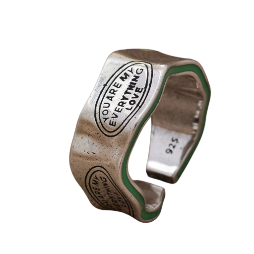 Bredd 6 mm Öppen damring Oregelbundet vågformat Grön-silverfärgad ring av resin med texten YOU ARE MY EVERYTHING LOVE