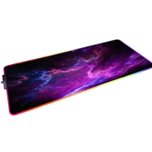 Brede gaming muismat en toetsenbord met LED-verlichting 300 x 700 x 3 mm paars-blauw met een ontwerp van een ruimte-nebula voor gaming en computer