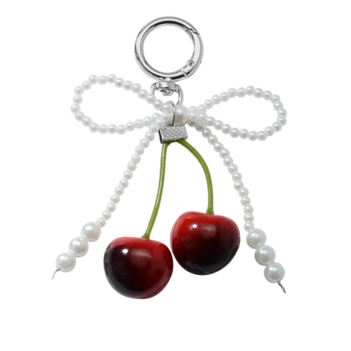 Breloc cu Dantelă Imitatie de Perle Fundă cu Cireșe Pendentiv Decorativ pentru Chei Geantă Rucsac Accesoriu Romantic