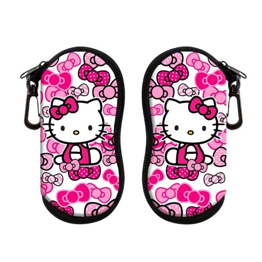 Brillenetui 17,9 x 8,5 cm Weiß mit Reißverschluss und Karabiner Schutzhülle mit Katzen- und rosa Schleifenmotiv für Kinder und Erwachsene