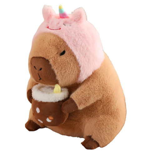 Brinquedo de peluche capivara com chapéu de unicórnio Brinquedo de peluche com chapéu e caneca Capivara de peluche recheada para crianças Decoração infantil de peluche 30 cm