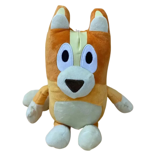 Brinquedo de peluche irmã cão Bluey 28 cm Personagem macia da série de desenho animado Laço para pendurar Amigo de aconchego para crianças pequenas