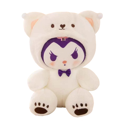 Brinquedo de peluche Kuromi 25 cm figura Sanrio em fato de urso branco peluche adorável presente decoração para crianças e colecionadores