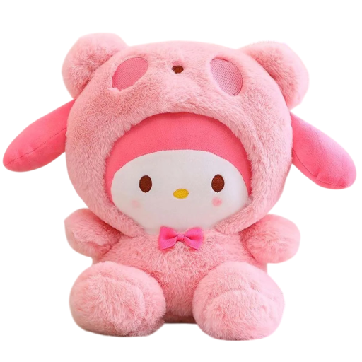 Brinquedo de peluche My Melody 25 cm figura Sanrio em fato rosa de ursinho Brinquedo adorável Decoração Presente estilo kawaii para crianças e colecionadores