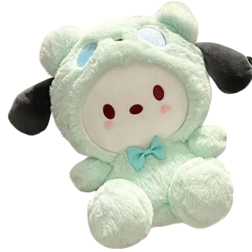 Brinquedo de peluche Pochacco 25 cm figura Sanrio em fato de urso