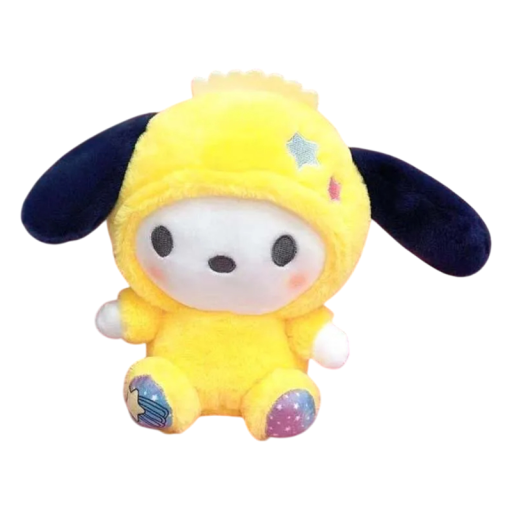 Brinquedo de peluche Pochacco 25 cm personagem Sanrio em macacão amarelo com estrelas Boneco de peluche adorável Decoração Presente estilo kawaii para crianças e colecionadores