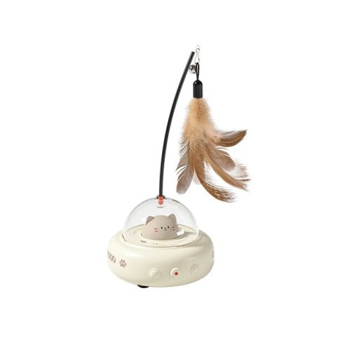 Brinquedo de plástico para gatos UFO com laser e sininho 28 x 11,5 cm Disco de jogo com penas Brinquedo estimulante para gatos de todas
