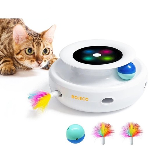 Brinquedo interativo 2 em 1 para gatos com 2 bolas e penas, varinha electrónica para gatos em plástico ABS, cor inteligente, 5 modos de jogo