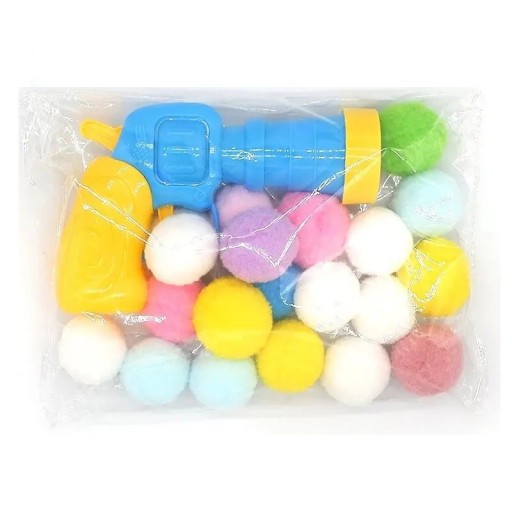 Brinquedo para gatos Pistola a disparar bolas de pelúcia 13x10 cm Conjunto com 20 bolas Brinquedo interativo para gatos Disparador manual com mola