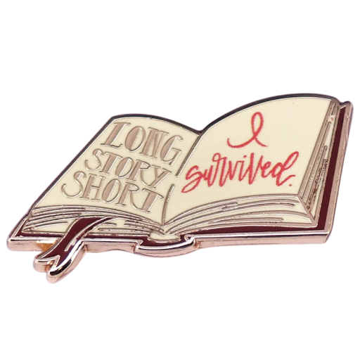 Broche abierta libro Long story short I survived pin metálico beige rojo dorado insignia con texto para ropa mochila accesorio