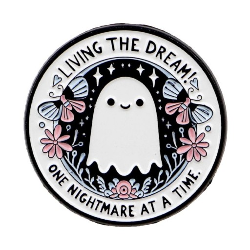 Broche émaillée fantôme avec inscription Living The Dream environ 3 x 3 cm insigne en métal motif dessiné noir et blanc accessoire pour sac à dos vêtements