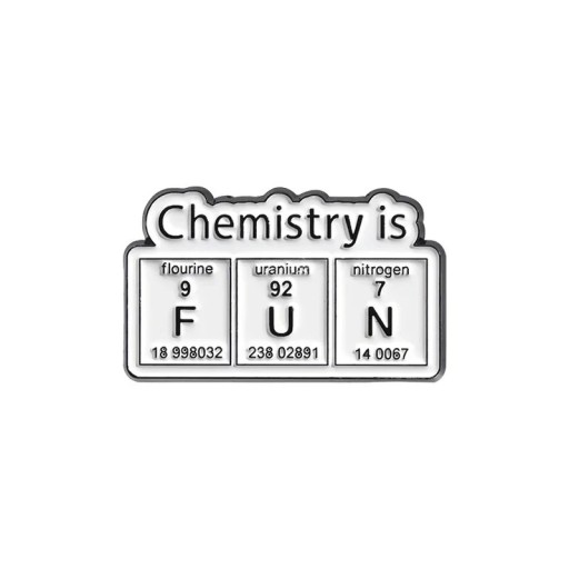 Broche kemi med teksten Chemistry is FUN ca 1,8 x 2,8 cm flerfarvet badge med elementer fra det periodiske system til tøj rygsæk
