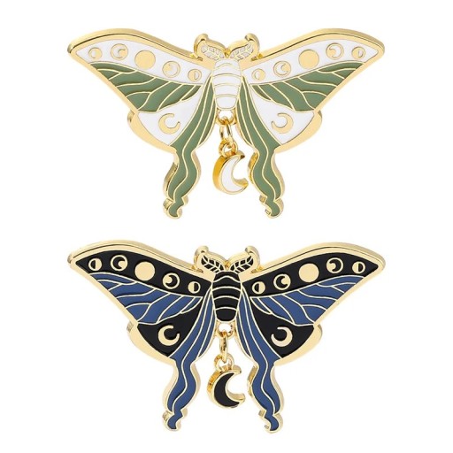 Broche papillon de nuit avec pendentif lune 31 × 50 mm épingle émaillée insigne insecte épingle de revers accessoire pour sac à dos vêtement