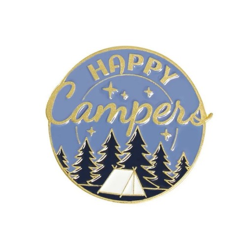 Broche speld Happy Camper motief tent bos sterren rond metalen blauwe gouden accessoire voor rugzak kleding wandelen kamperen