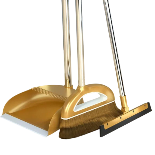 Broom and Dustpan Set with Rotating Head Broom 88 × 29 cm Dustpan 73 × 25 cm Squeegee 83 × 33.5 cm Gold Household Cleaning