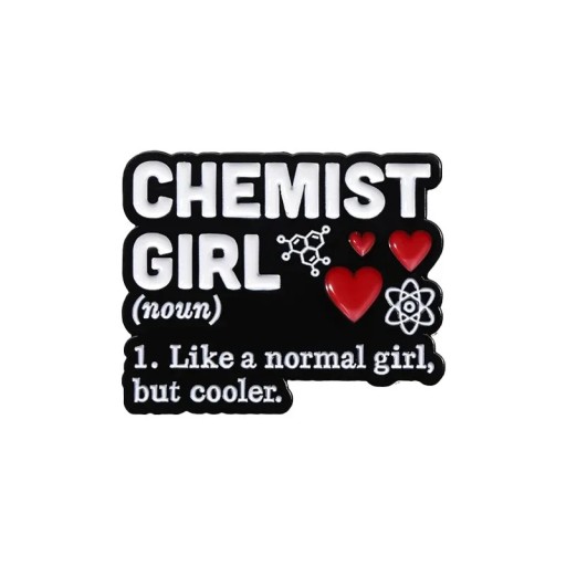 Broșă Chemist Girl inscripție cca 2,8 x 2,3 cm insignă metalică multicoloră pentru îmbrăcăminte rucsac geantă motiv știință inimă moleculă