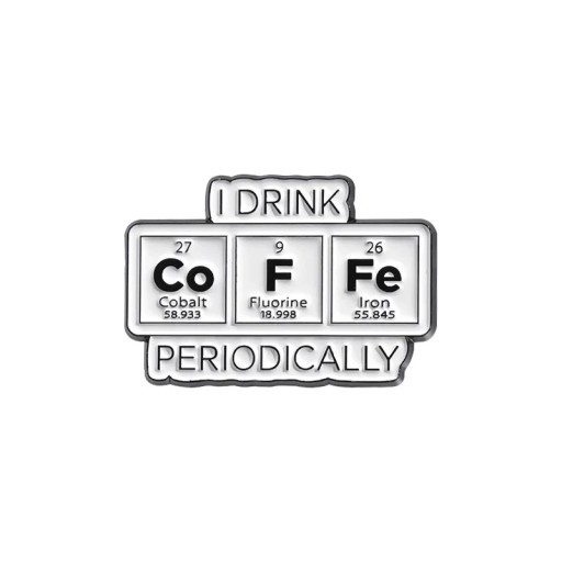 Broșă chimică I DRINK Co F Fe PERIODICALLY cca 2 x 3 cm insignă metalică alb-negru pentru îmbrăcăminte rucsac geantă motiv chimie