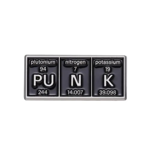 Broșă chimică PUNK tabel periodic cca 3 x 1,3 cm insignă metalică neagră pentru îmbrăcăminte rucsac geantă motiv științific