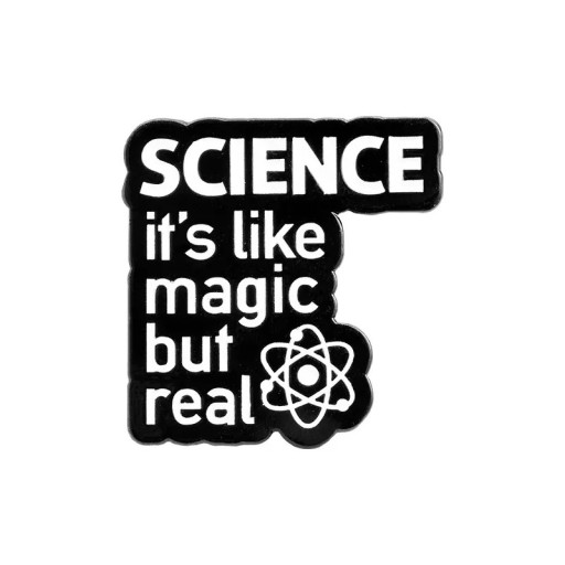 Broșă chimică Science it’s like magic but real insignă metalică alb-negru pentru îmbrăcăminte rucsac geantă motiv științific cu text