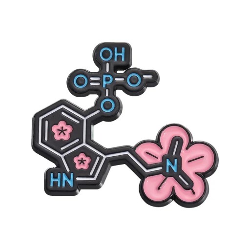 Broșă chimică structură moleculară floare cca 3 x 2,8 cm metalică multicoloră insignă pentru îmbrăcăminte rucsac geantă motiv științific