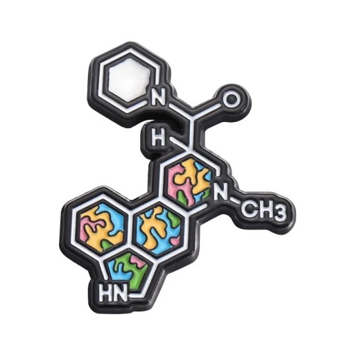 Broșă chimică structură moleculară segmente colorate cca 2,5 x 3 cm metalică insignă multicoloră pentru îmbrăcăminte rucsac geantă motiv științific