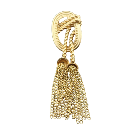 Broșă elegantă cu franjuri din lanț pin insignă metalică aurie decor oval cu motiv împletit accesoriu stilat pentru sacou palton