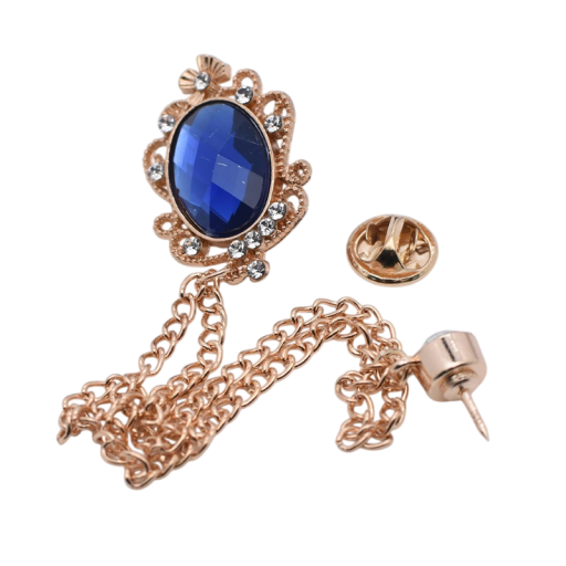 Broșă elegantă cu piatră decorativă aurie albastră insignă cu lanț bijuterie pentru reverul sacoului accesoriu de modă