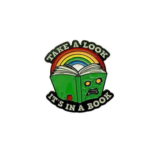 Broșă emailată carte cu curcubeu și textul Take a look it’s in a book cca 3,5 x 3 cm pin colorat insignă accesoriu pentru rucsac îmbrăcăminte
