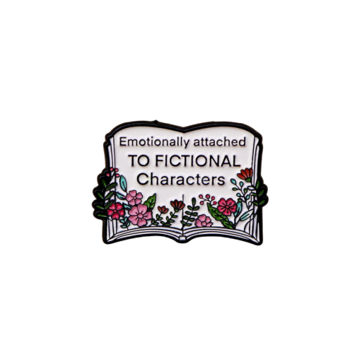 Broșă emailată carte deschisă cu textul Emotionally attached to fictional characters pin colorat accesoriu pentru îmbrăcăminte