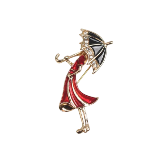 Broșă figură cu umbrelă pin insignă cca 4,7 × 2,4 cm design metalic femeie cu rochie roșie accesoriu pentru îmbrăcăminte rucsac rever bijuterie