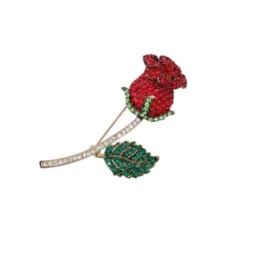 Broșă florală cu trandafir și pietre decorative cca 5,5 x 1,7 cm insignă elegantă aspect metalic accesoriu pentru îmbrăcăminte rever cadou