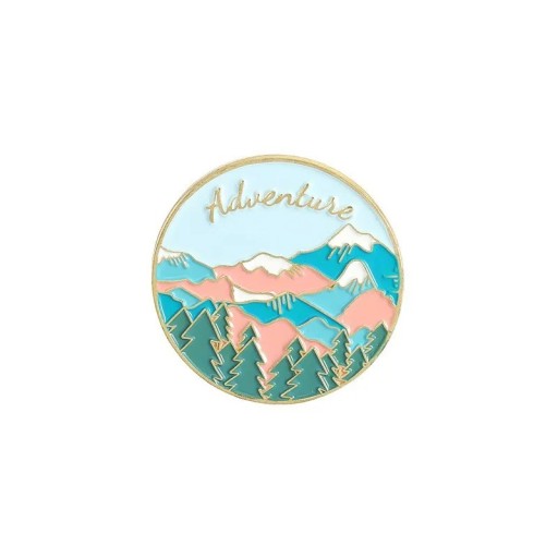 Broșă insignă pin Adventure motiv munți pădure rotund metalic multicolor accesoriu pentru rucsac îmbrăcăminte turism natură outdoor stil