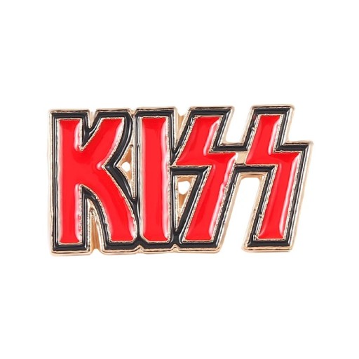 Broșă KISS cu text roșu cca 6,6 × 2,8 cm aliaj smălțuit pin metalic insignă accesoriu pentru îmbrăcăminte rucsac geantă