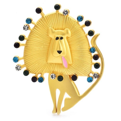 Broșă leu cu coamă decorată cu pietricele cca 6,5 x 5,4 cm insignă zlată animală accesoriu pentru îmbrăcăminte broșă cadou