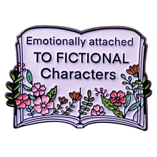 Broșă metalică carte deschisă cu textul Emotionally Attached To Fictional Characters pin metalic insignă colorată pentru îmbrăcăminte rucsac