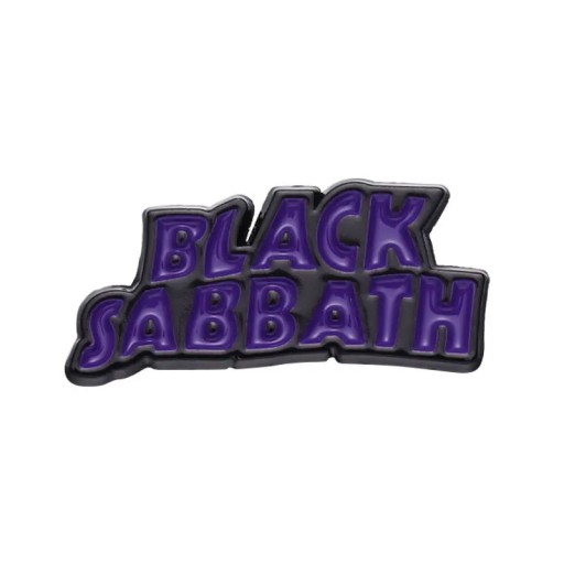 Broșă metalică logo Black Sabbath pin heavy metal trupă cca 1,3 x 2,8 cm insignă violet-neagră pentru îmbrăcăminte rucsac accesoriu muzical