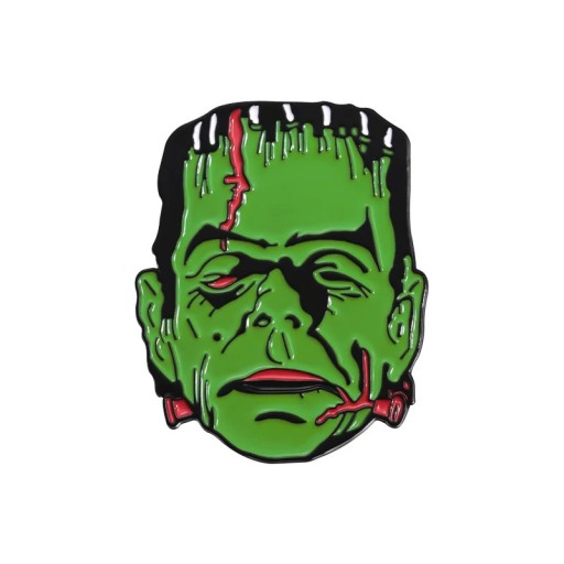 Broșă metalică personaj de groază față de monstru verde cca 3,8 x 3 cm pin insignă decorativă verde neagră roșie pentru îmbrăcăminte rucsac